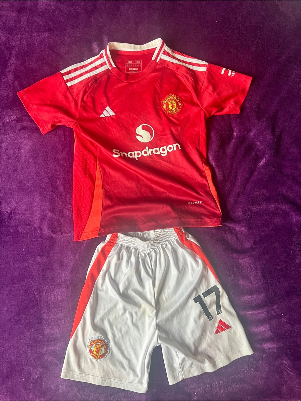 Manchester United Adidas Kids Red Garnacho Jersey with White Shorts Soccer Set